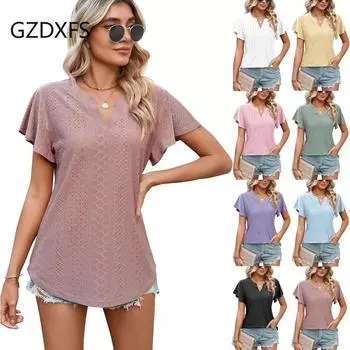 DX2024-8132 # Женский летний новый женский однотонный однотонный повседневная футболка с v-образным вырезом и оборками на рукавах S белый