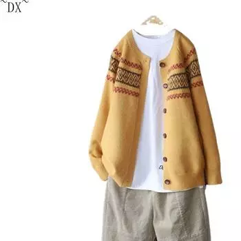 DX~~бесцветный этнический стиль, новый весенне-осенний свободный вязаный кардиган, жаккардовый свитер, универсальное ретро-пальто для ленивых женщин One size жёлтый