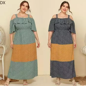 DX-больших размеров, женская весна/лето, новая темпераментная кофточка, контрастная свободная юбка с рюшами и цветочным принтом XL чёрный