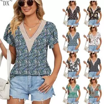 DX~~ футболка из вискозы с V-образным вырезом и принтом в виде лепестков, рукавами и свободным верхом S