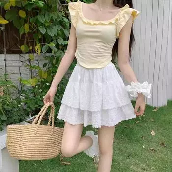 DX~~Нежный ветер, пышная юбка-тортик, женская летняя тонкая полуюбка трапециевидной формы с высокой талией и полым кружевом One size белый