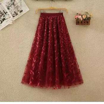 DX~~ Юбка из плотного газа с вышивкой женская;Летняя новая тонкая блестящая вуаль А-образной формы с высокой талией, расшитая блестками. One size чёрный