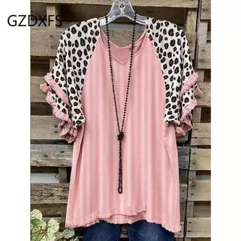 DX~~~ Летняя новая свободная женская футболка с кружевными рюшами на рукавах и круглым вырезом с принтом в стиле колор-блок S розовый