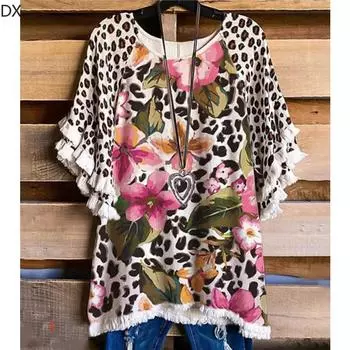 DX~~Летняя новая женская свободная футболка с кружевными рукавами и рюшами, круглым вырезом и цветным принтом S