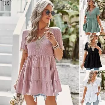 DX независимо разработал европейский и американский летний жаккардовый топ с V-образным вырезом и короткими рукавами. S белый