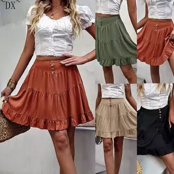 DX~~ Независимые исследования и разработки, дизайн юбки трапециевидной формы, летняя повседневная универсальная юбка со средней посадкой, женская одежда S чёрный