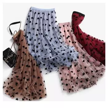 DX~~Новая большая распашная юбка А-силуэта, полуюбка в горошек с флокировкой, весенне-осенняя женская газовая юбка для похудения средней длины, летняя сетчатая юбка One size красный