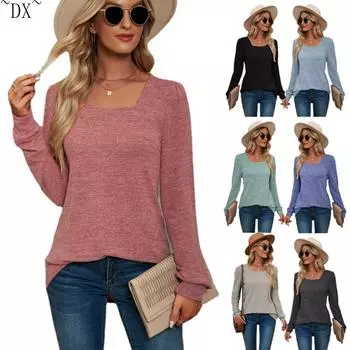 DX ~ Новая футболка со взрывчаткой, однотонная плиссированная рубашка с длинными рукавами и U-образным вырезом, повседневная рубашка с пузырьковыми рукавами S розовый