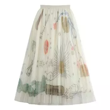 DX~~ Новая плиссированная сетчатая юбка с принтом граффити, женская весенняя новая тонкая газовая юбка миди с высокой талией One size белый