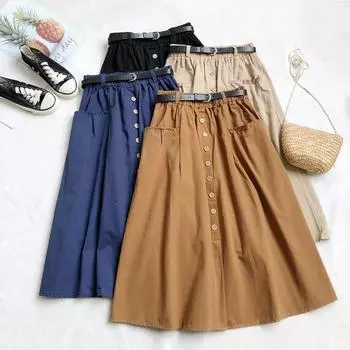 DX~~Новая повседневная юбка для женщин на осень, новая однобортная юбка средней длины с художественным карманом в корейском стиле, хлопковая юбка А-силуэта Size one белый