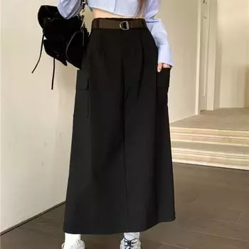 DX~~ Новая женская юбка-карго в американском стиле ретро с разрезом, юбка А-силуэта после показа One size чёрный