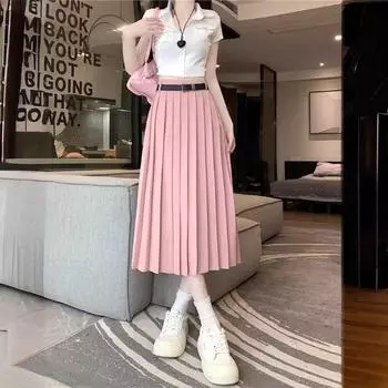 DX~~Новинка весны, плиссированная полуюбка с высокой талией, женское тонкое платье трапециевидной формы средней длины One size чёрный