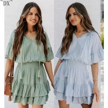 DX~Новое однотонное платье с рюшами S зелёный