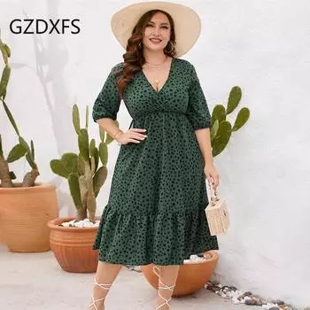 DX — новое платье средней длины большого размера с V-образным вырезом, средними рукавами и рюшами. XL зелёный