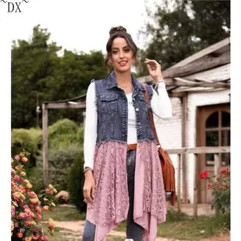 DX~~ Новое женское универсальное джинсовое платье с кружевным жилетом и вставками по подолу L розовый