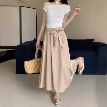 DX~~Новый дизайн, атласная плиссированная юбка с галстуком-бабочкой, весенне-летняя тонкая юбка А-силуэта с высокой талией One size чёрный