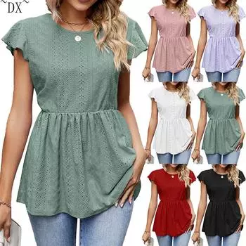 DX~~Новый летний модный пуловер, свободная футболка с кружевными рукавами для женщин S чёрный