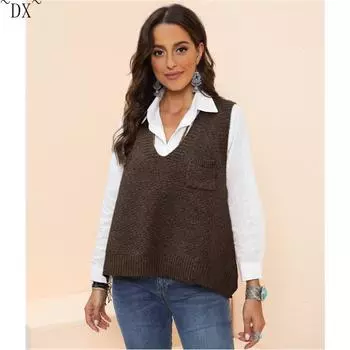 DX ~~ Новый свитер с v-образным вырезом, жилет в Корейском стиле, короткий свитер, жилет, женский свитер без рукавов, куртка-бомбер One size темно-синий
