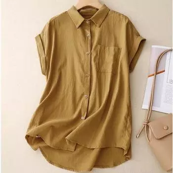 DX однотонная универсальная шифоновая рубашка с короткими рукавами, женская летняя свободная и тонкая повседневная рубашка с воротником поло, темпераментный топ S имбирный