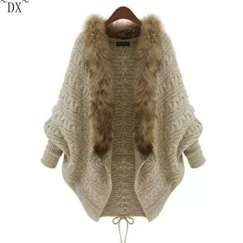 DX ~ осень и зима, новый женский трикотаж, кардиган, накидка, шаль, свитер с меховым воротником в европейском и американском стиле, пальто One size хаки