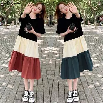 DX ~ ~ Платье контрастного цвета с вышивкой для студенток. Модная и стильная юбка свободного размера средней длины. M