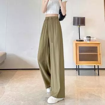 DX~~ плиссированные широкие брюки из ледяного шелка, женские летние тонкие крутые брюки, повседневные драпированные брюки из ледяного шелка One size абрикосовый