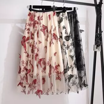 DX~~Полуюбка женская летняя новая трехмерная длинная юбка феи с вышивкой бабочкой и высокой талией, большая распашная юбка трапециевидной формы для тяжелой промышленности One size красный