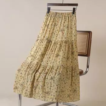 DX~~Ретро маленькая и свежая лоскутная юбка А-силуэта для женщин, летняя новая обтягивающая юбка средней длины с высокой талией и большим подолом One size жёлтый