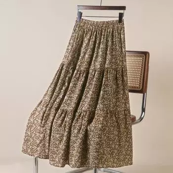 DX~~Ретро маленькая и свежая лоскутная юбка А-силуэта с цветочным принтом для женщин, летняя новая трендовая утягивающая юбка с высокой талией и большим подолом One size чёрный