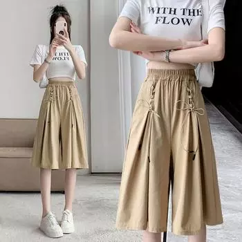 DX ~~ Sense, плиссированные широкие брюки хакама, женские летние брюки трапециевидной формы с эластичной резинкой на талии, свободные брюки с пятью точками One size чёрный