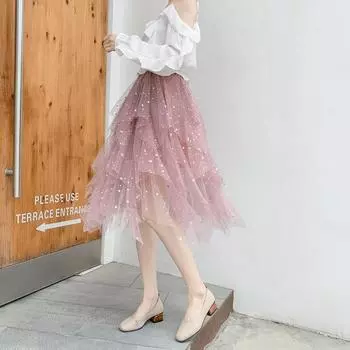 DX~~Сетчатая полуюбка со звездами, женская осенняя новая пышная юбка с высокой талией, длинная юбка до середины тела, юбка-тортик, трендовая марлевая юбка S чёрный