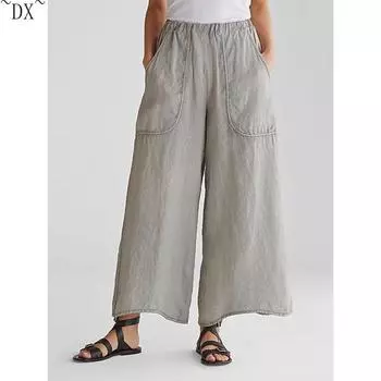 DX~~ Широкие брюки из хлопка и льна, повседневные брюки со средней посадкой, брюки с большими карманами S зелёный