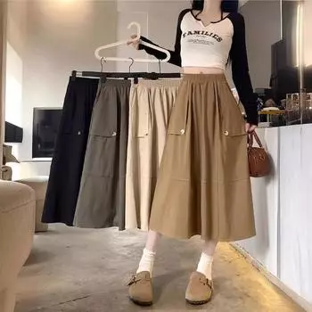 DX~~Весенняя новая стильная рабочая одежда, юбка средней длины, женская тонкая юбка трапециевидной формы в стиле ретро One size чёрный