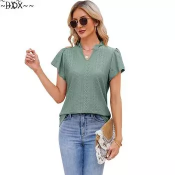 DX — весенне-летняя женская одежда;s New Жаккардовая футболка с короткими рукавами и V-образным вырезом Lotus Leaf S белый