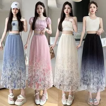 DX ~ весна/лето, новая толстая сетчатая полуюбка с градиентом мм, женская юбка трапециевидной формы средней длины с высокой талией, плиссированная юбка One size чёрный