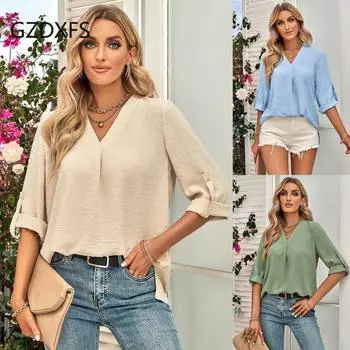 DX-весна/лето, новый женский модный однотонный свободный топ с v-образным вырезом и рукавами 3/4 S абрикосовый