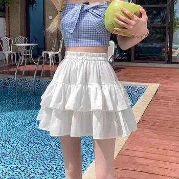 DX ~~ Белая горькая блохастая короткая юбка, женская летняя, с высокой талией, тонкая юбка с рюшами и зонтиком, короткая плиссированная юбка One size белый