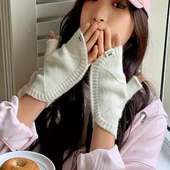 DX Winter Shell полувязаные перчатки женские милые зимние перчатки с росой полупальцы студенческие шерстяные теплые перчатки оптом One Size белый