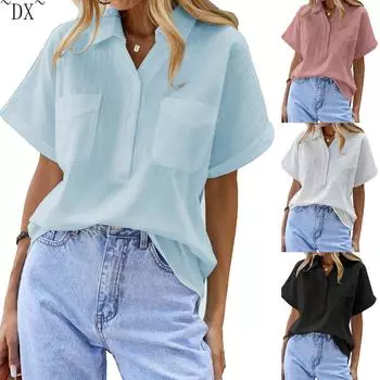 DX~Женская хлопково-льняная рубашка с короткими рукавами, рубашка Генри, повседневный рабочий топ на пуговицах с V-образным вырезом и двумя карманами S белый
