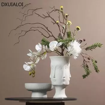 DXUIALOI Creative Human Face Art Vase Decoration Ceramic Crafts White Color Glaze Home Living Room Flower Arrangement Vase Decor