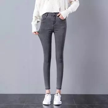 Дымчато-серые джинсы с высокой талией Женские черные девятиминутные маленькие брюки-карандаш Новые тонкие эластичные брюки 25