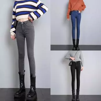 Дымчато-серые флисовые утолщенные джинсы с высокой талией женские эластичные брюки осень-зима 2024 года новые интегрированные флисовые брюки-карандаш 25 чёрный
