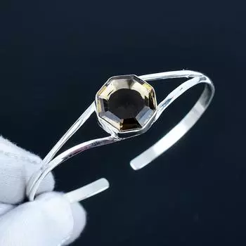 Дымчатый Кварц Шестиугольный Драгоценный Камень Ручной Работы Манжета Браслет 925 Стерлинговое Серебро Манжета Браслет, Браслет с Дымчатым Кварцем Для Жены, Унисекс Браслет 7 коричневый