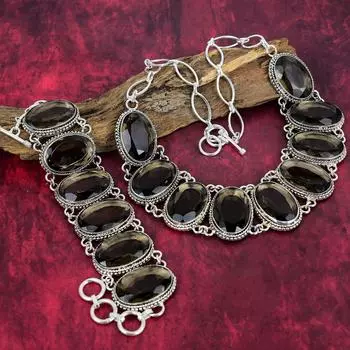 Дымчатый топаз из стерлингового серебра 925 пробы, браслет и комплект ювелирных изделий из ожерелья, комплект ювелирных изделий из топаза ручной работы, новейший дизайн, комплект драгоценных камней, подарок для матери Adjustable With 8 -18 коричневый