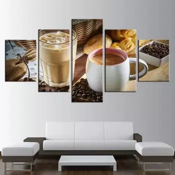 Дымящаяся чашка кофе, кофейные зерна, кухонная еда, 5 шт., настенные художественные холсты, постеры, живопись для гостиной, домашний декор, украшение для картины 20x35 20x45 20x55cm