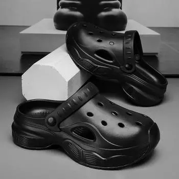 Дырчатые туфли мужские новые летние на толстой подошве для вождения нескользящие и износостойкие для улицы пляжные сандалии с закрытым носком 36-37 чёрный