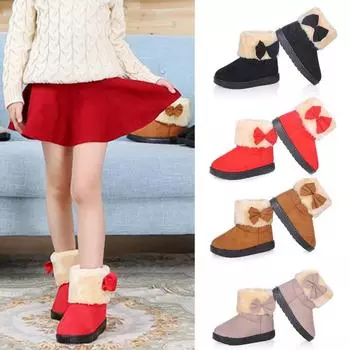 DYS/Милые однотонные зимние теплые зимние ботильоны с бантом для девочек, туфли без шнуровки на плоской подошве 25 серый
