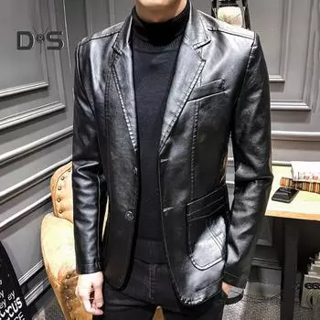 DYS Мужская одежда Осень Зима Однотонный костюм из искусственной кожи Пиджак с длинными рукавами и лацканами L чёрный