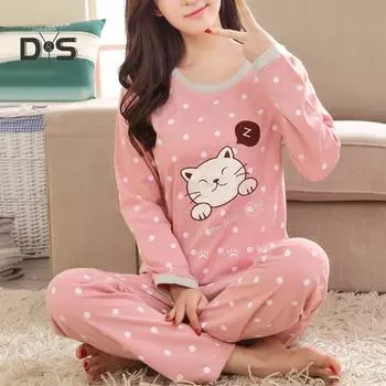 DYS Женская одежда Повседневный топ с круглым вырезом с животным принтом Длинные брюки Пижамный комплект одежды для сна L розовый