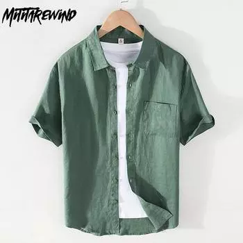 Дышащая 100% льняная рубашка для мужчин, летняя рубашка с коротким рукавом, простые стильные повседневные топы, зеленая рубашка с квадратным воротником и карманом S белый